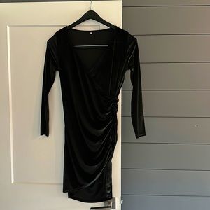 Women’s Wrap V Neck Long Sleeve Split Wrap Velvet Bodycon Ruched Midi Dress